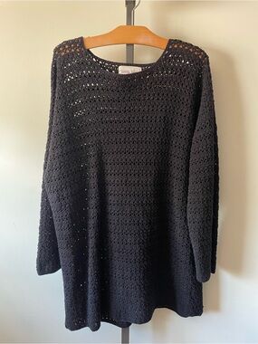 90s Vintage Cotton Ginny Plus Black Crochet Knit Oversized Tunic Sweater